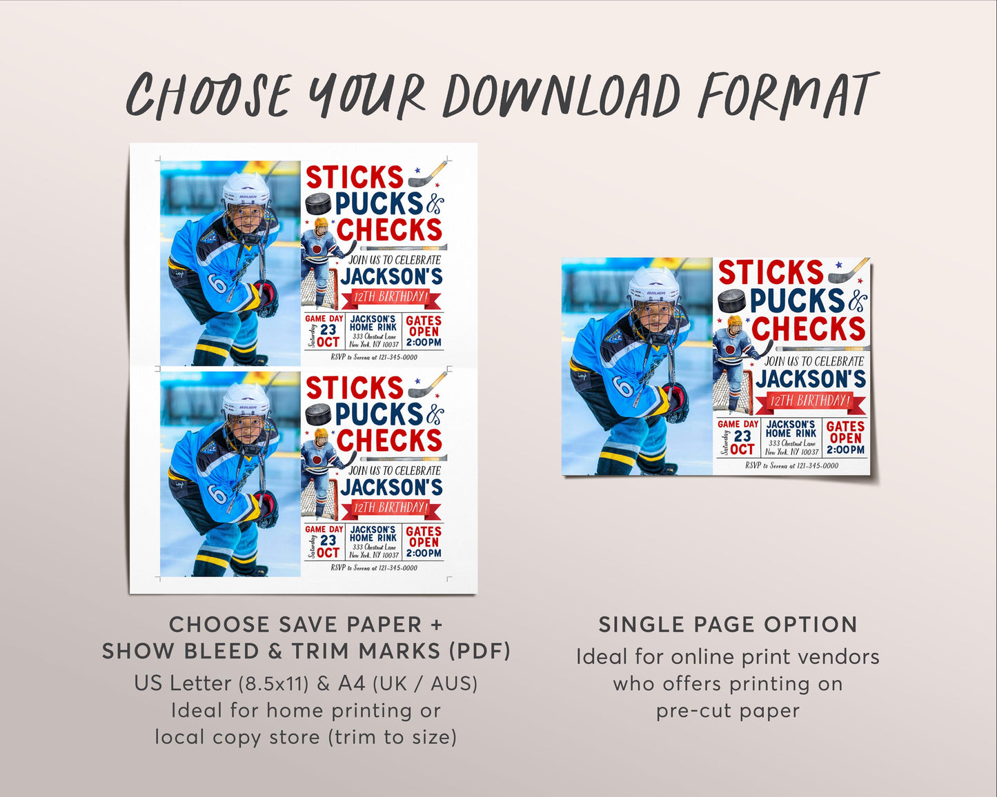 Ice Hockey Birthday Invitation With Photo Editable Template, Sticks Pucks Checks Ice Skating Rink Invite, Sports It's Game Time Helmet Evite