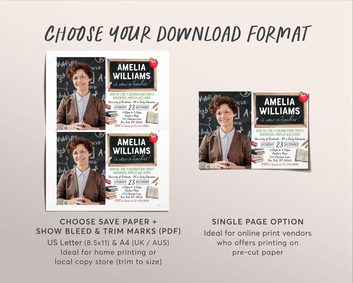 Teacher Graduation Invitation With Photo Editable Template, Teaching Diploma Grad Announcement Party Invite, Early Child Education Evite