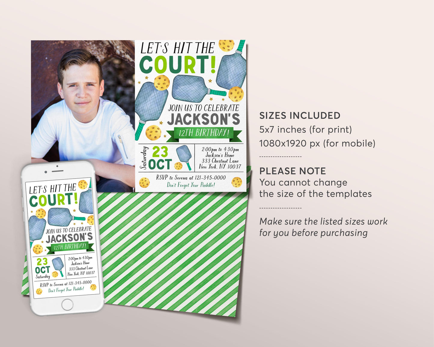 Pickleball Birthday Invitation With Photo Editable Template, Lets Hit the Court Theme Party Invite, Kids Sports Pickleball Theme Evite
