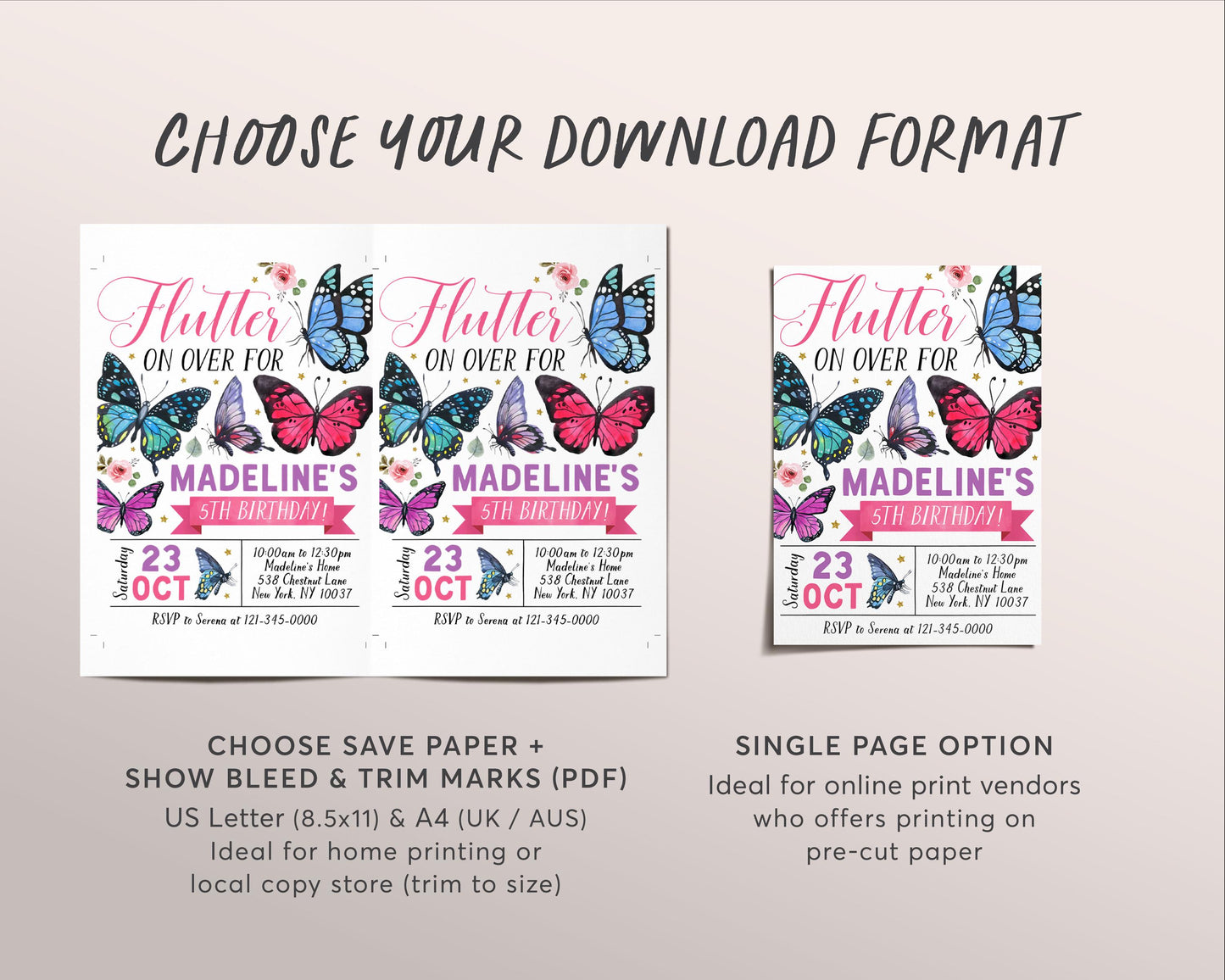 Butterfly Birthday Invitation Editable Template, Girl Flutter On Over Party Invite, Kids Floral Butterflies Butterfly Garden Nature Evite