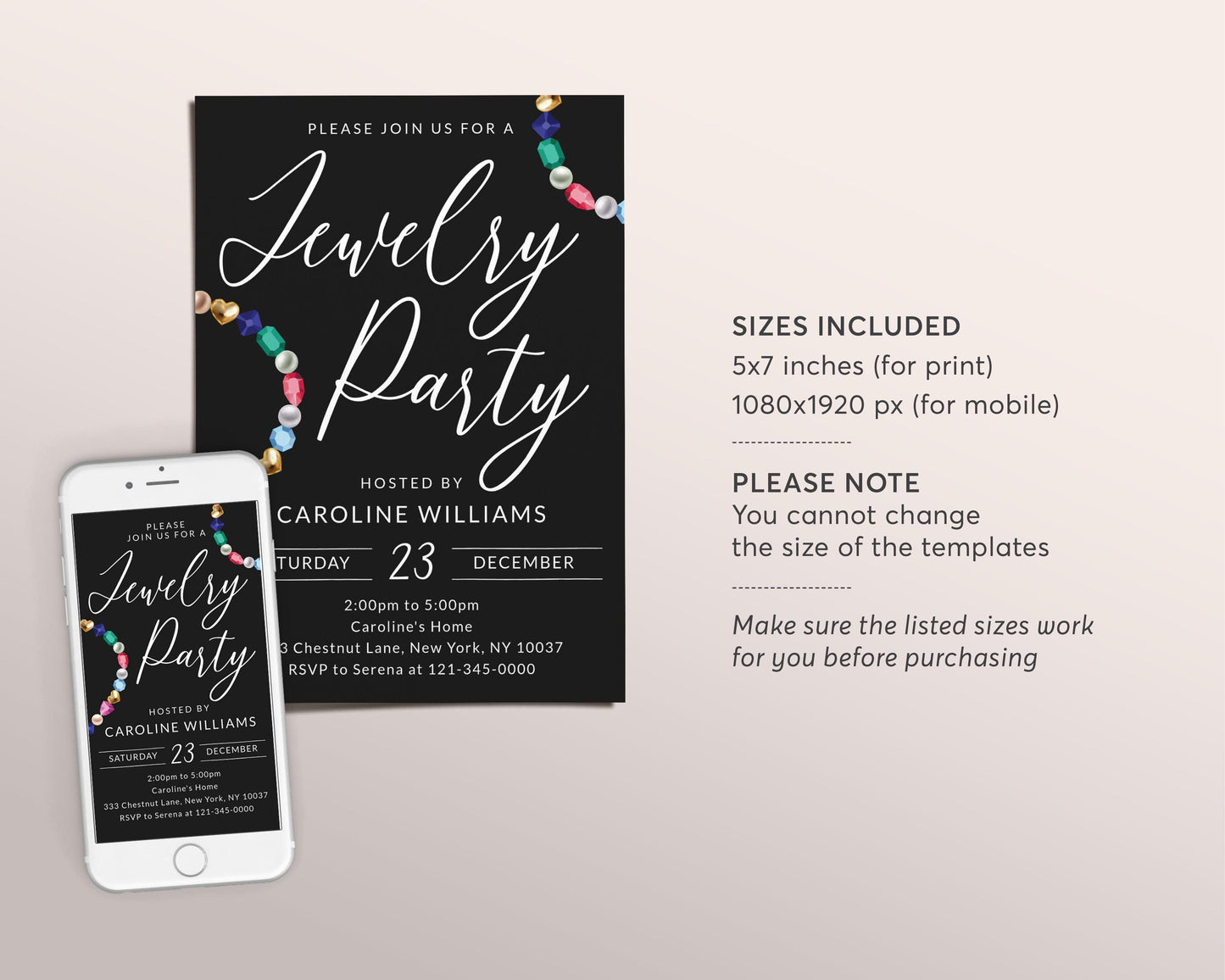 Jewelry Party Invitation Editable Template, Jewelry Making Workshop Invite, Jewellery Exchange Beads Gems Stones Evite Black Printable