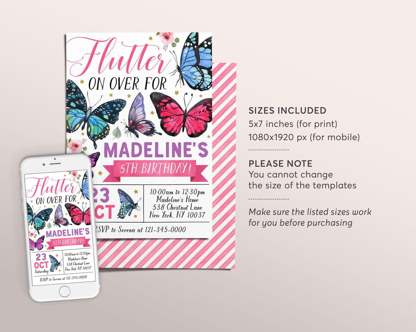 Butterfly Birthday Invitation Editable Template, Girl Flutter On Over Party Invite, Kids Floral Butterflies Butterfly Garden Nature Evite