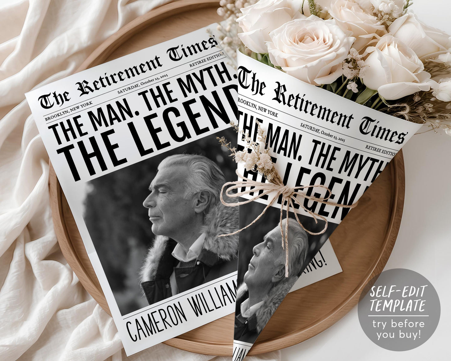 The Man The Myth The Legend Retirement Editable Template, Retirement Party Newspaper Bouquet Flower Wrap, Work Anniversary Card Poster Gift