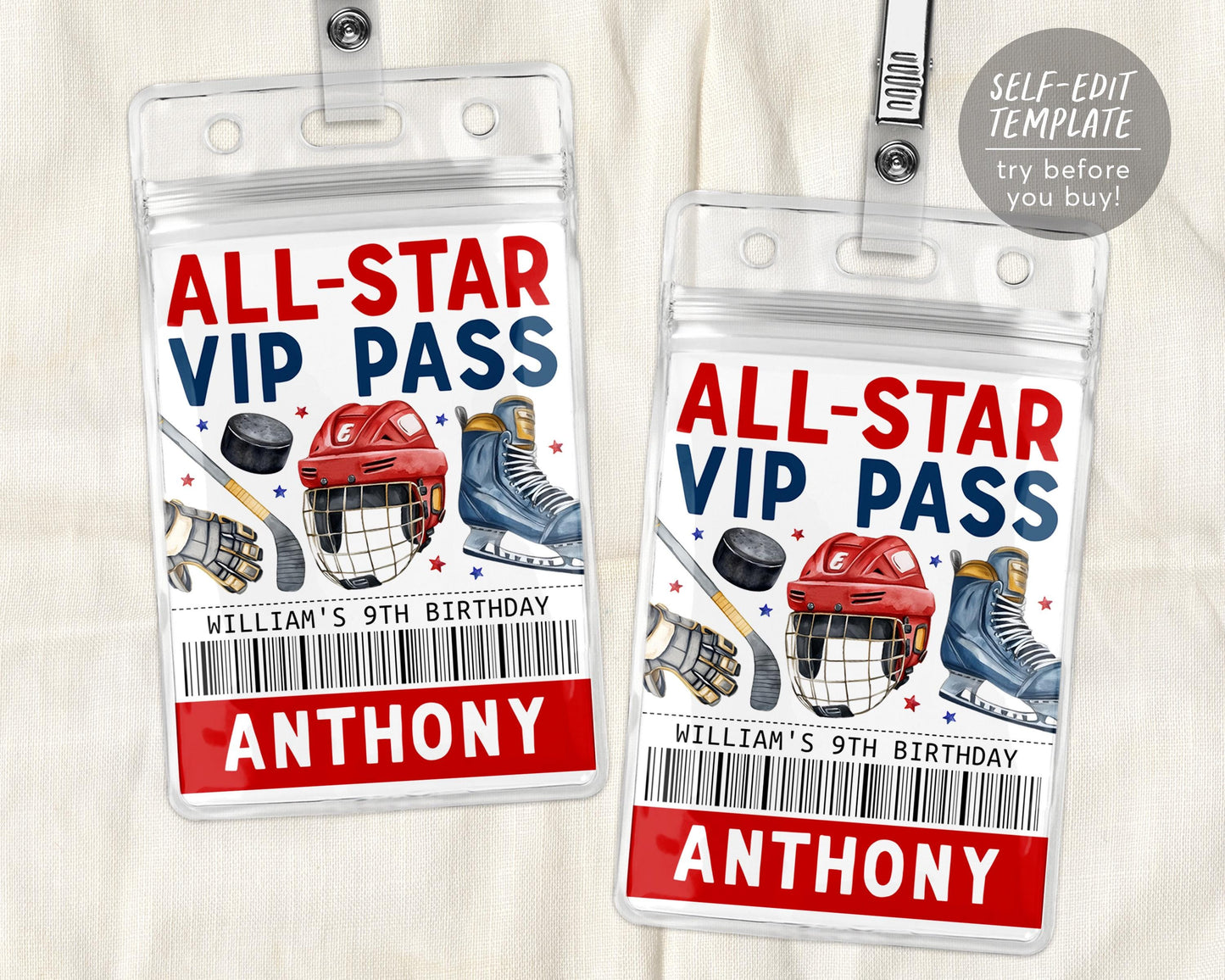 Ice Hockey Birthday All Star VIP Pass Editable Template