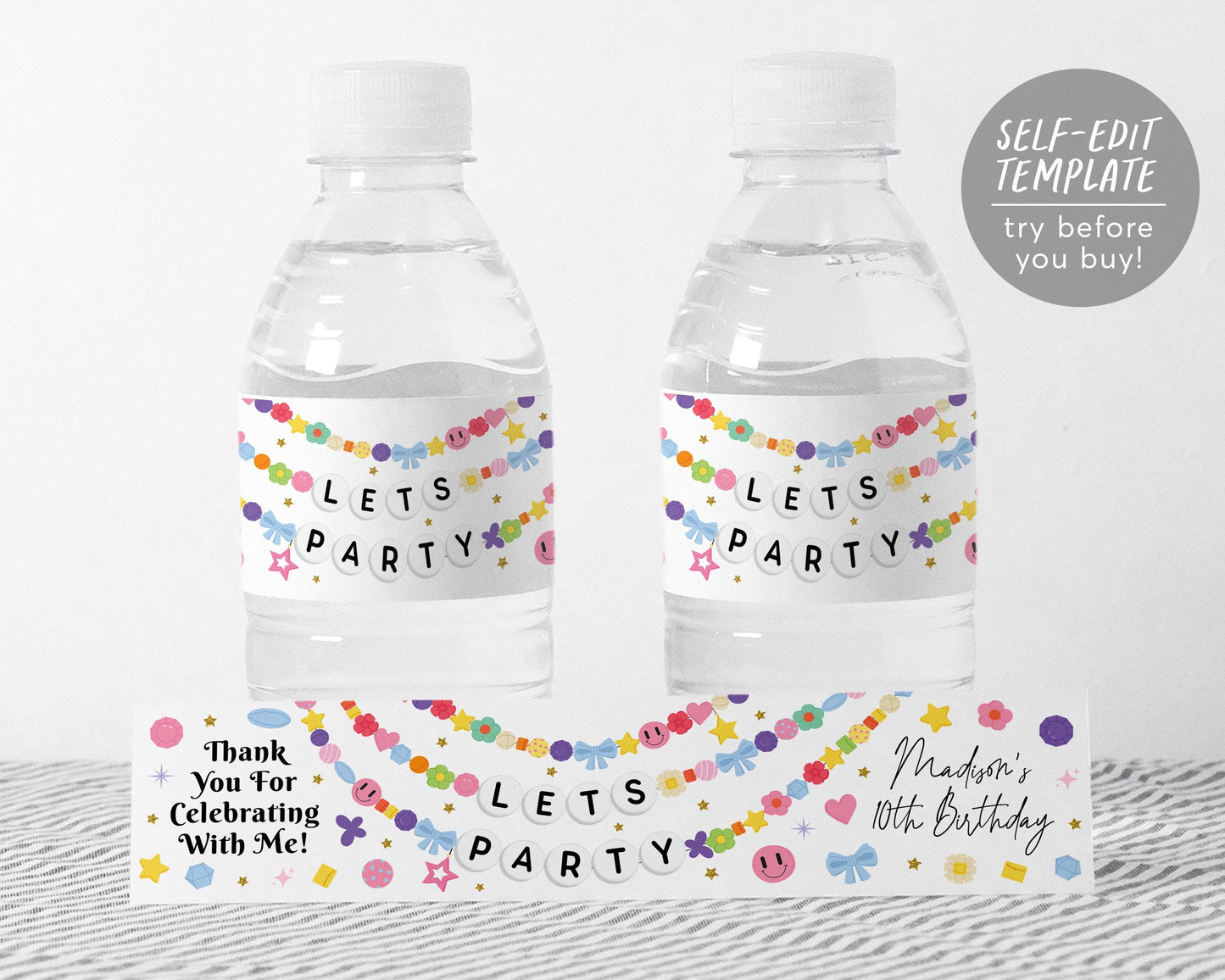 Friendship Bracelet Water Bottle Labels Editable Template