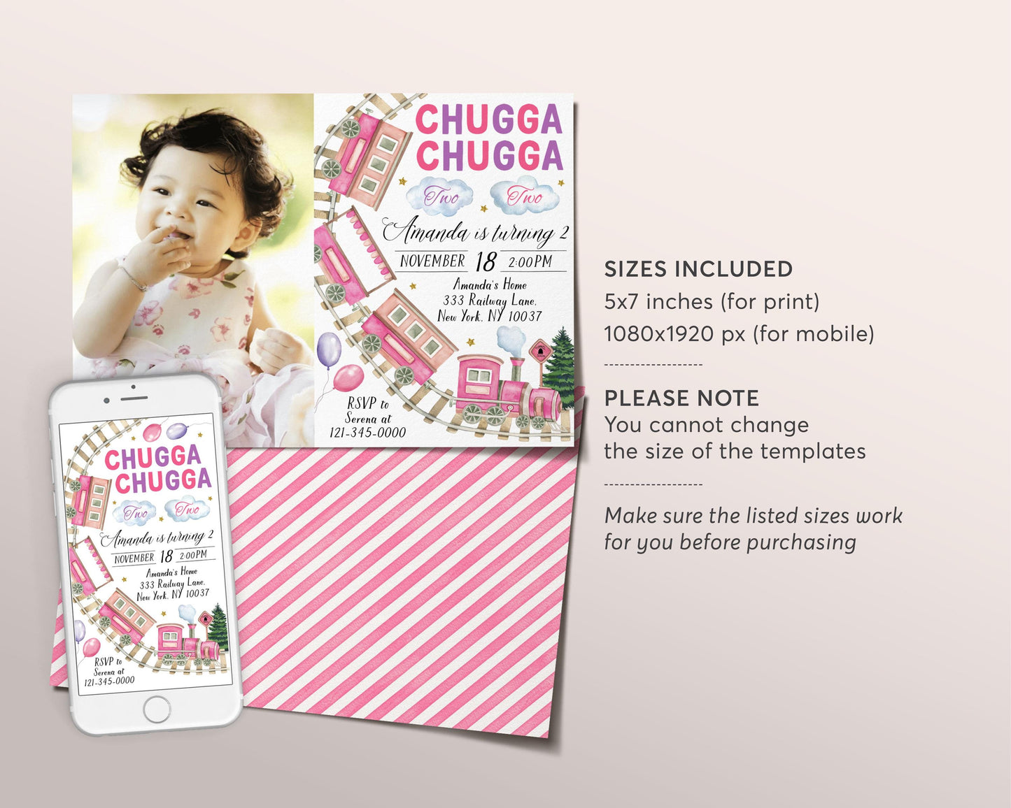 Chugga Two Train Birthday Invitation With Photo Editable Template, Girl Chugga Choo Train 2nd Birthday Boarding Pass Party Invite Evite