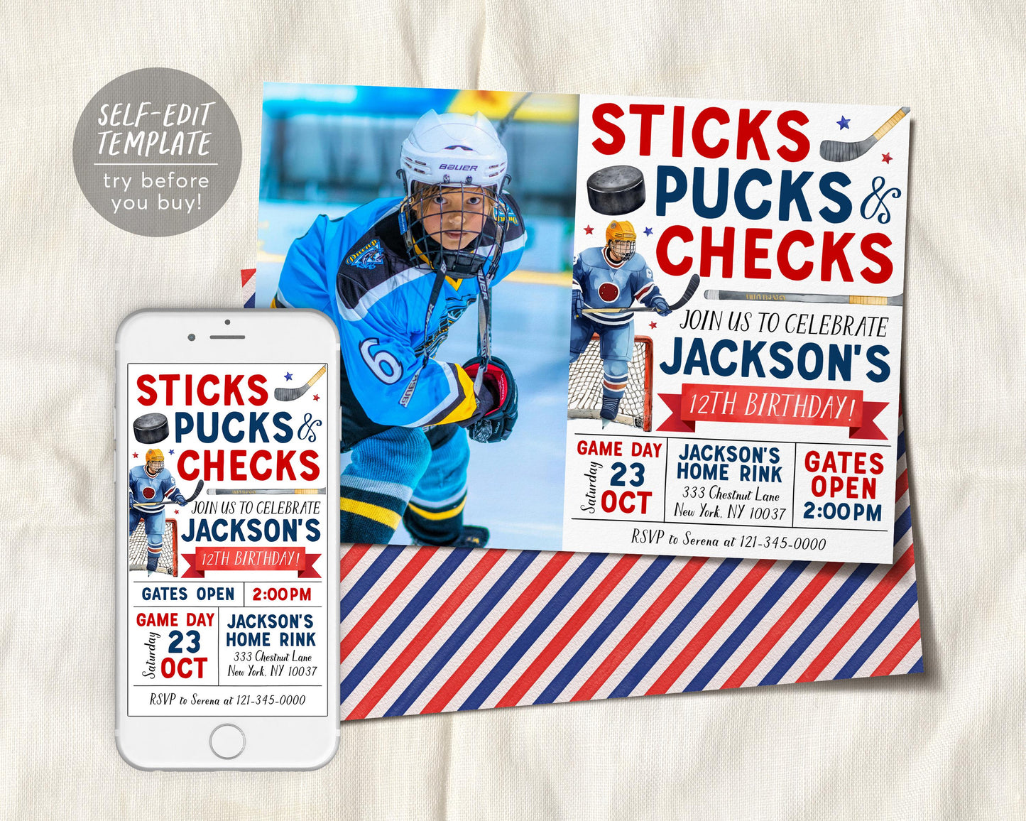 Ice Hockey Birthday Invitation With Photo Editable Template