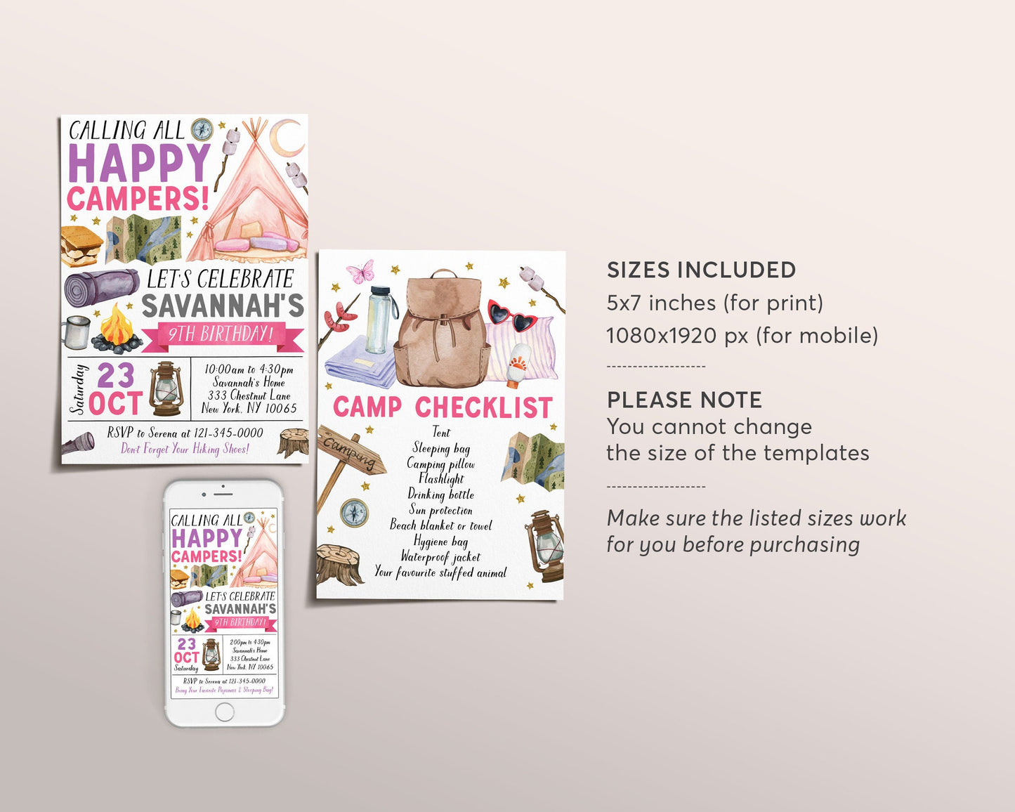 Girl Camping Birthday Invitation Editable Template, Outdoor Camp Out Party Invite, Girl Camp Checklist, Kids Tent Sleepover Glamping Evite