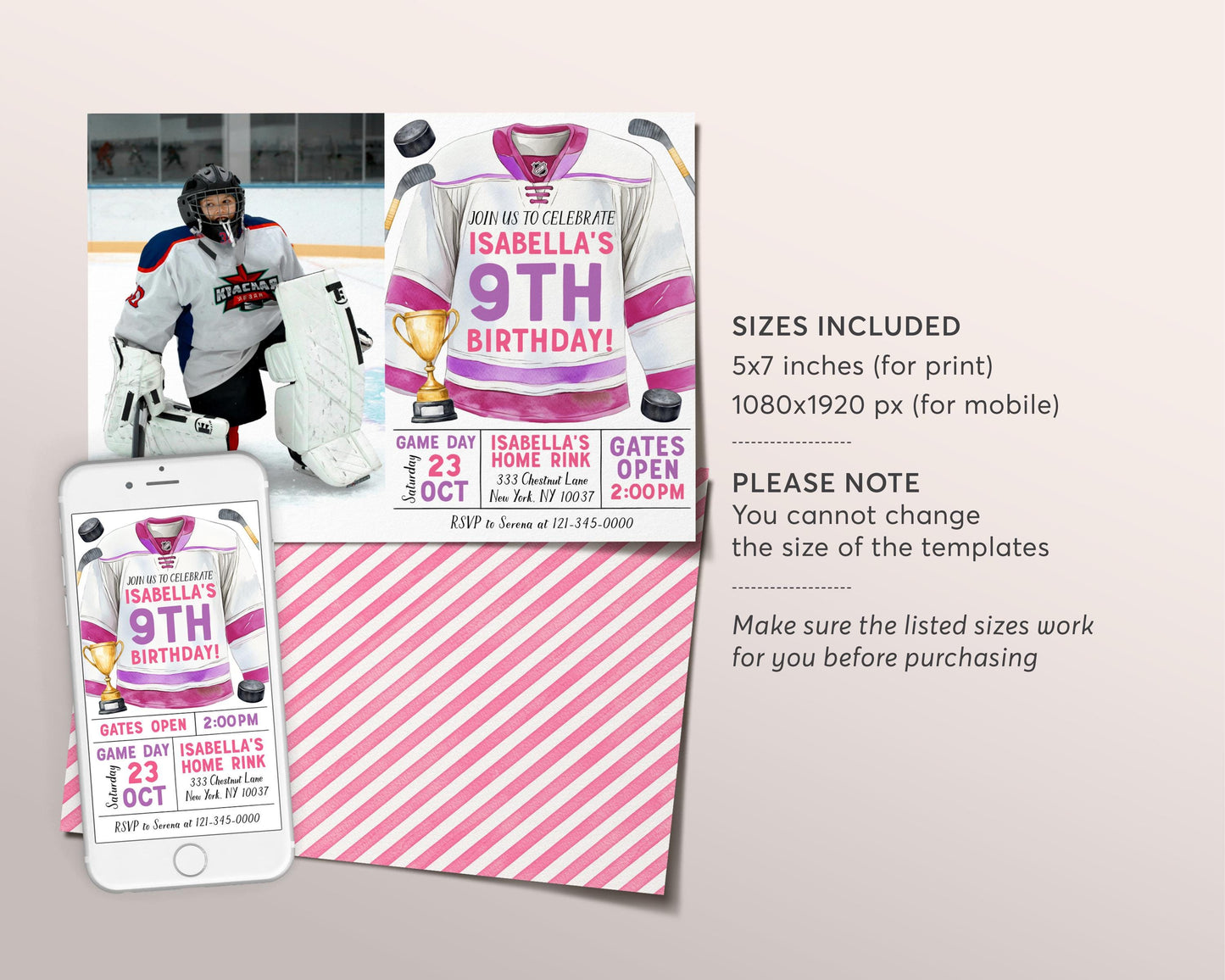 Hockey Birthday Invitation With Photo Editable Template, Girl Ice Skating Rink Ice Hockey Jersey Invite, Pink Sports Game Time Puck Evite