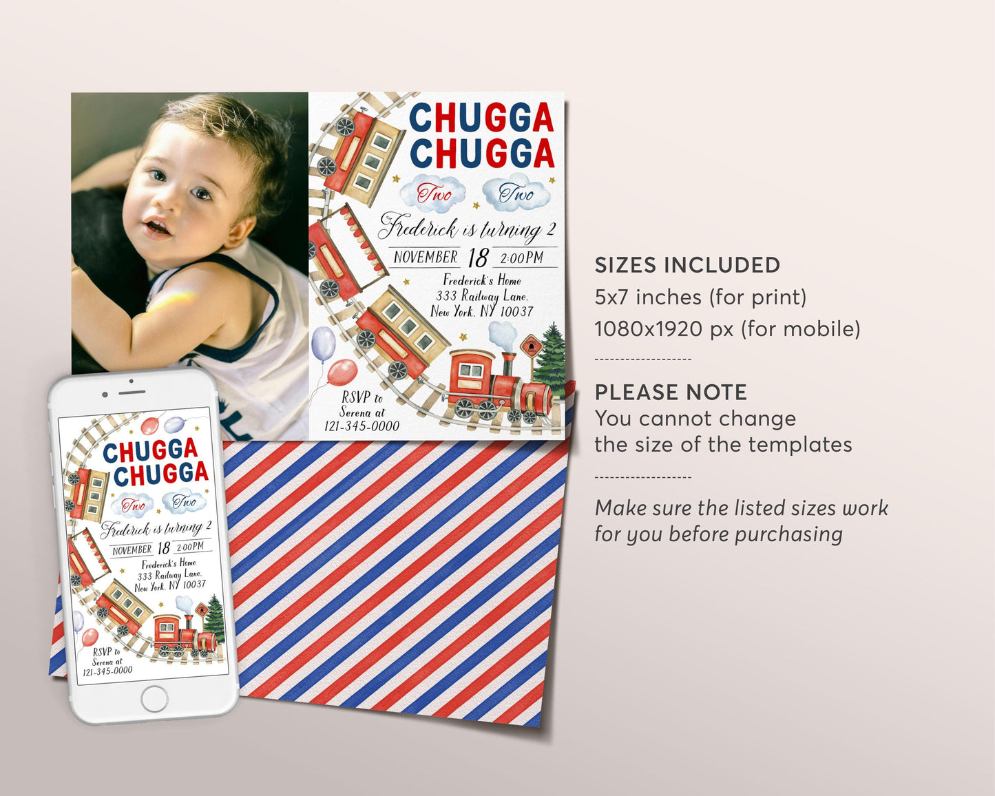 Chugga Two Train Birthday Invitation With Photo Editable Template, Chugga Choo Train 2nd Second Birthday Boarding Pass Party Invite Evite