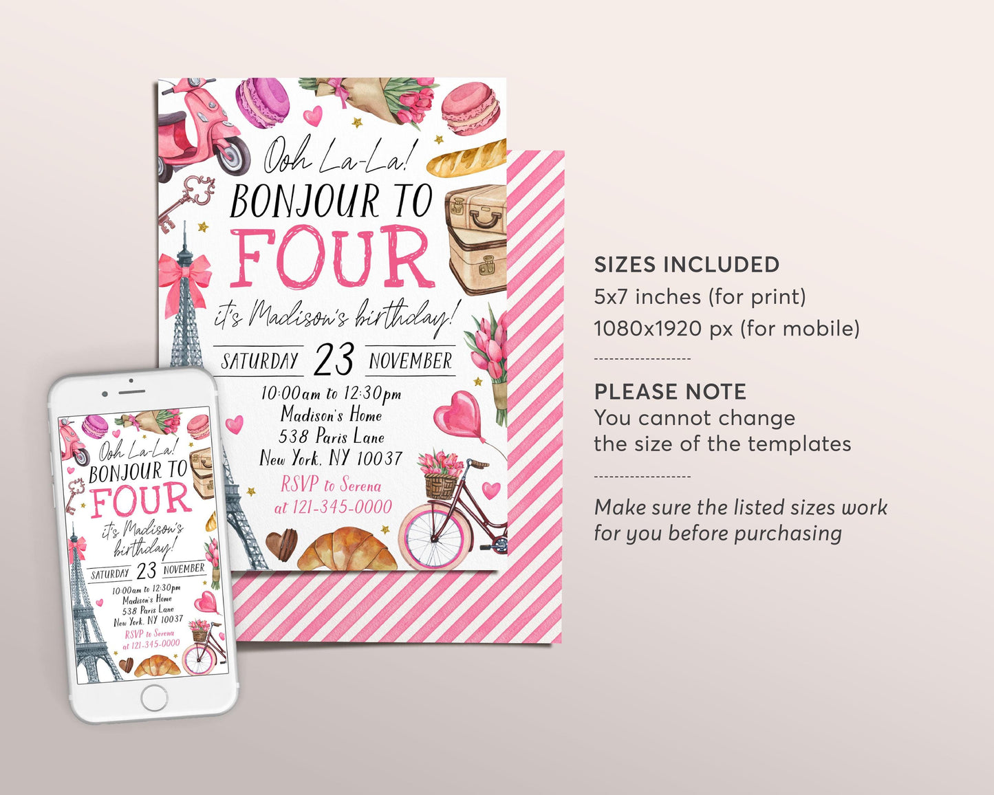 Paris Theme Birthday Invitation Editable Template