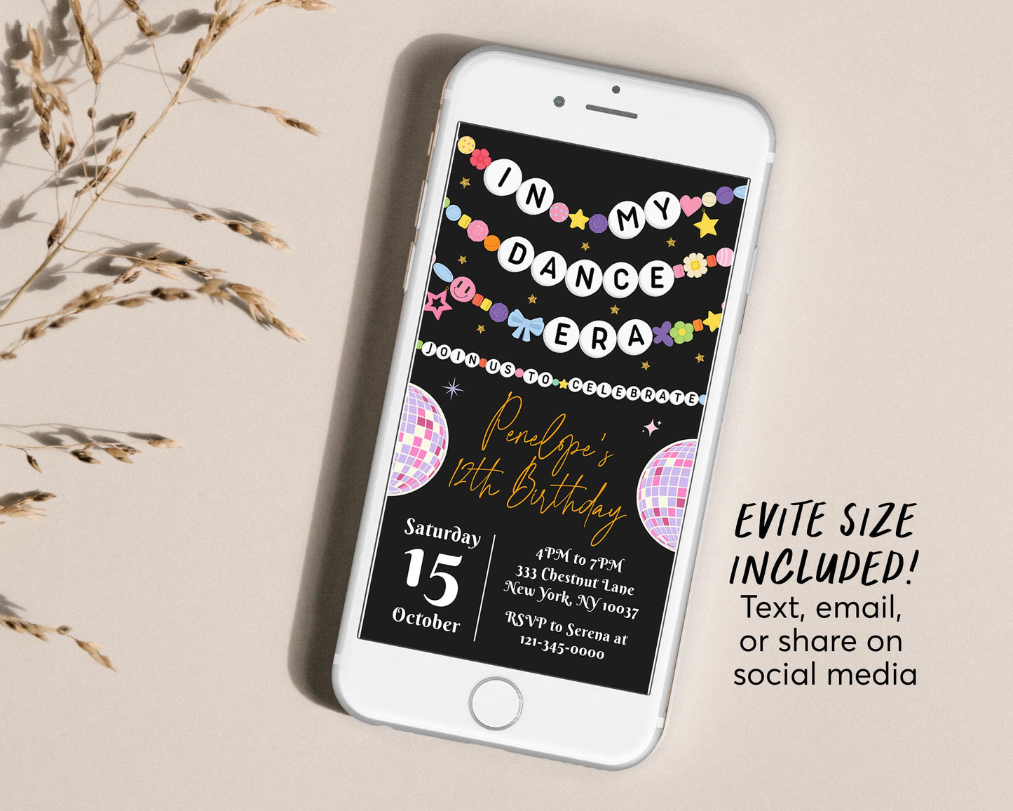 In My Dance Era Invitation Editable Template, Dance Friendship Bracelet Party Invite, Birthday Girl Eras Ballet Party Disco Black Gold Evite