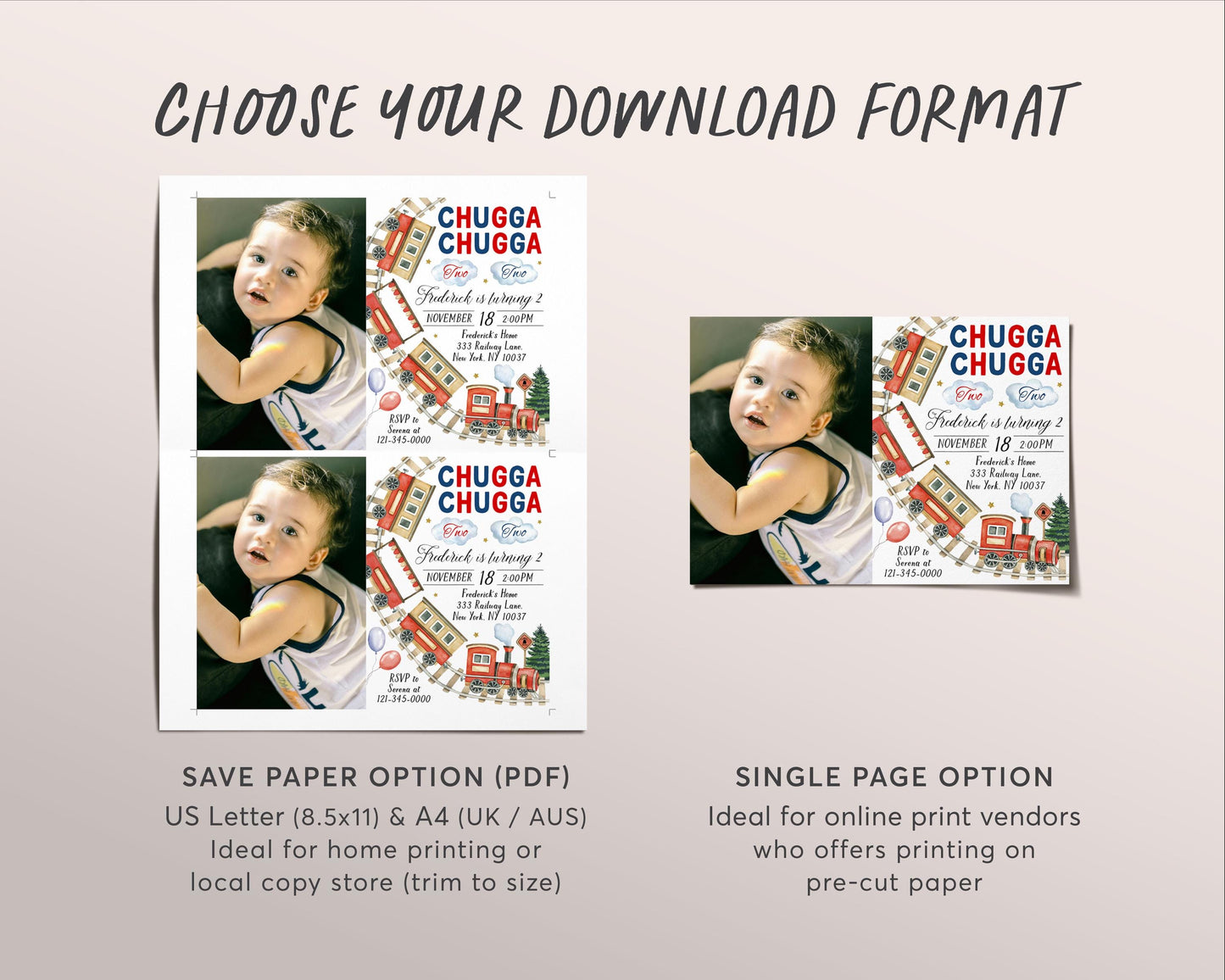 Chugga Two Train Birthday Invitation With Photo Editable Template, Chugga Choo Train 2nd Second Birthday Boarding Pass Party Invite Evite