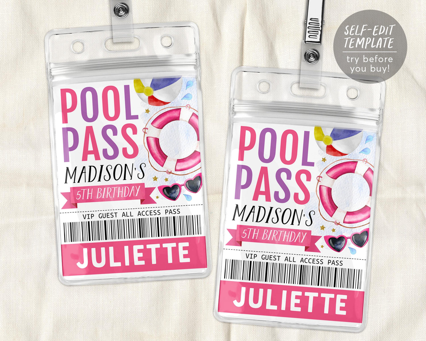 Pool Party Birthday VIP Pass Editable Template