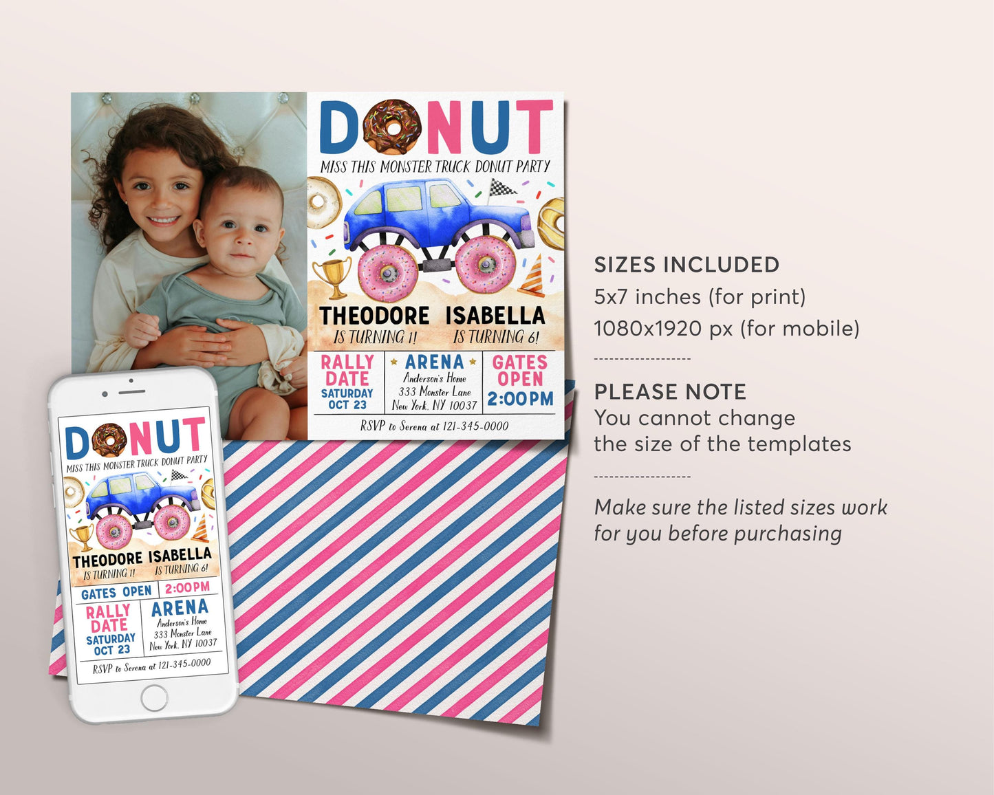 Monster Truck And Donuts Joint Siblings Birthday Invitation With Photo Editable Template, Boy Girl Twins Donut Truck Party Bash Invite Evite