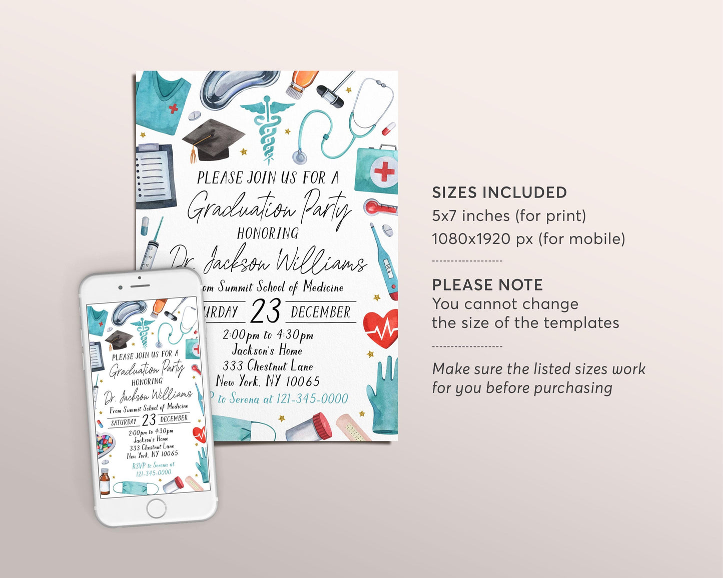 Doctor Graduation Invitation Editable Template, Medical School Grad Announcement Party Invite Men or Women, Physician MD DR Pharmacist Evite