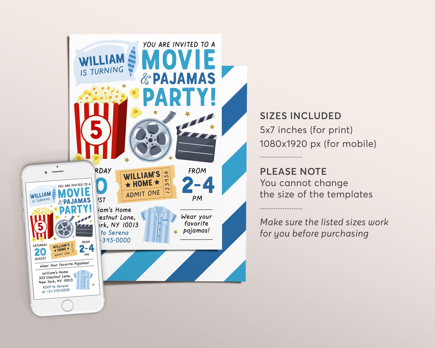 Movie and Pajamas Party Birthday Invitation Editable Template, Boy Movie Slumber Party Popcorn Invite, Sleepover Movie Night Ticket Evite