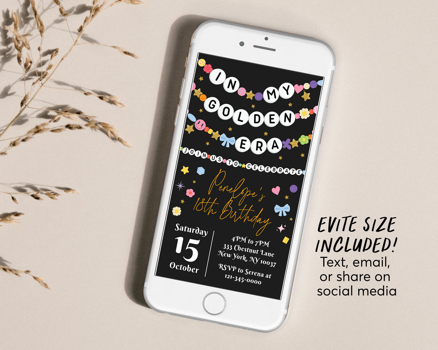 In My Golden Era Invitation Editable Template, Friendship Bracelet Party Invite, Tween Teen Birthday Girl Eras Music Themed Gold Party Evite