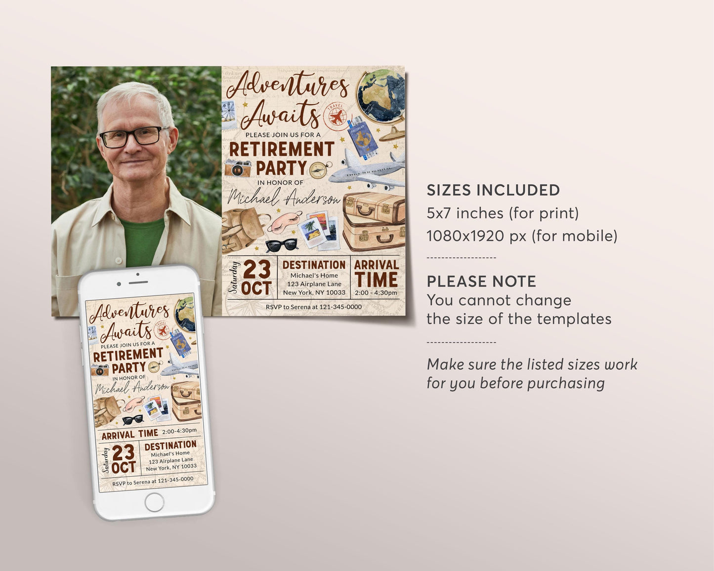 Travel Retirement Invitation With Photo Editable Template, Adventure Awaits Retirement Farewell Party Invite, Vintage Map Airplane Evite