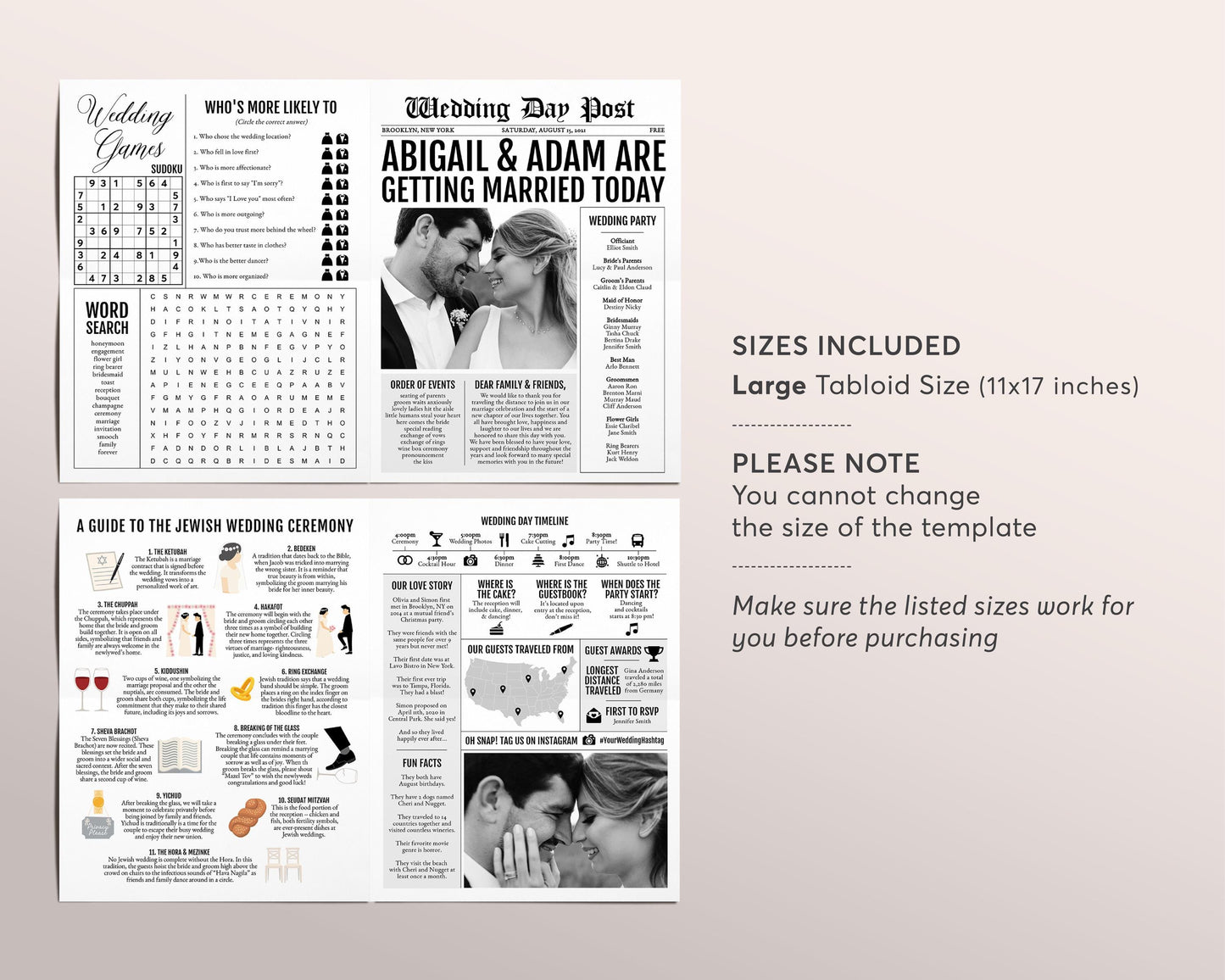 Large Newspaper Jewish Wedding Program Editable Template, Folded Jewish Wedding Ceremony Steps Guide Infographic, Religious Wedding Ritual