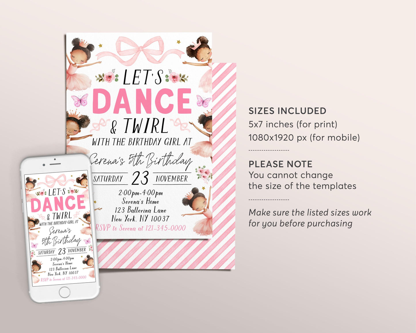 Ballerina Birthday Invitation Editable Template, Let's Dance And Twirl Invite, Kids Ballet Pink Tutu Black Ballerina Dance Floral Bow Evite