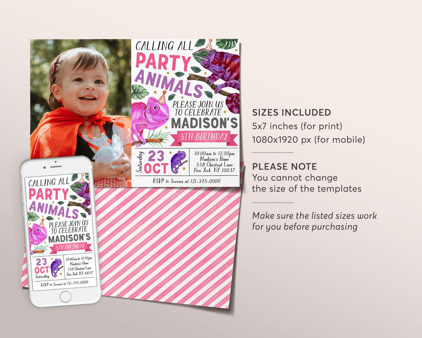 Chameleon Birthday Invitation With Photo Editable Template, Girl Reptile Lizard Party Animal Invite, Chameleons Theme Nature Jungle Evite