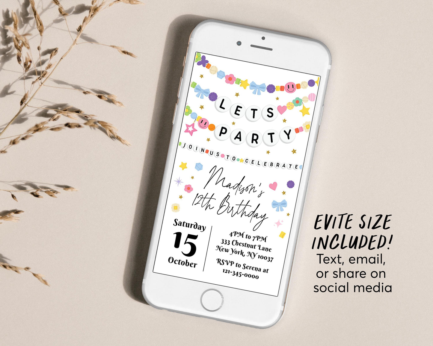 Friendship Bracelet Birthday Invitation Editable Template, Bracelet Making Party Invite, Let's Party Girl Jewelry Making Beads Party Evite