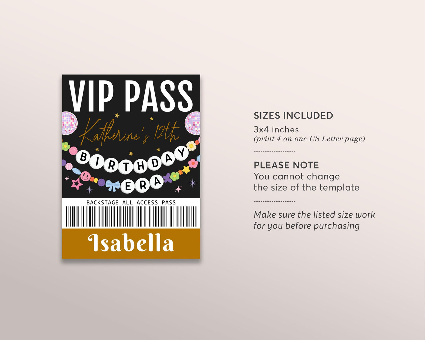 Birthday Era VIP Pass Editable Template, Eras Friendship Bracelet Party Kids Music Party VIP Badge, VIP Insert for Lanyard Ticket Favor Bag