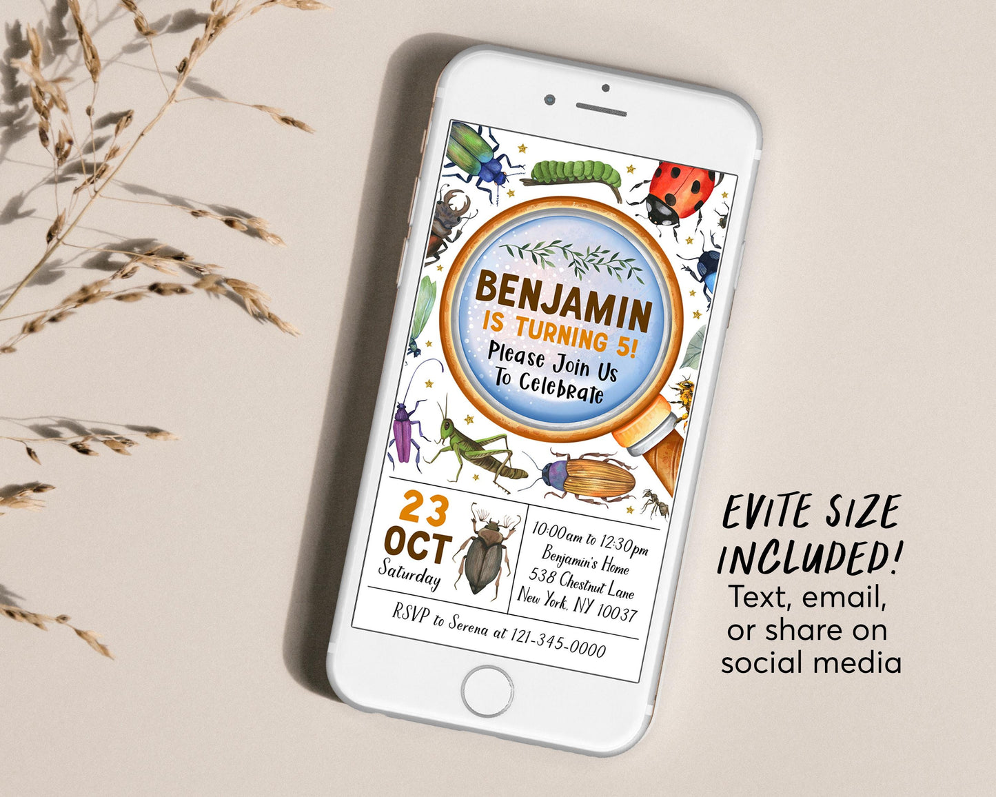 Insect Bugs Birthday Invitation Editable Template, Nature Bug Party Invite, Kids Bugging Out Beetle Hunt Garden Party Creepy Crawly Evite