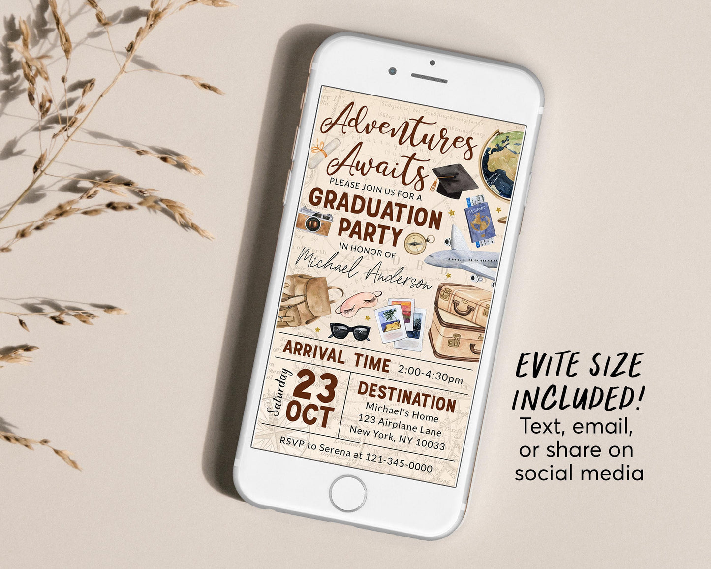 Farewell Graduation Invitation With Photo Editable Template, Travel Grad Announcement Party Invite, Around the World College High School Map