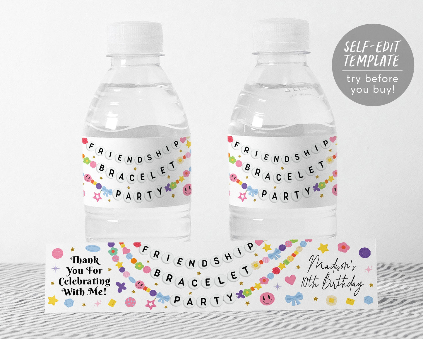 Friendship Bracelet Water Bottle Labels Editable Template