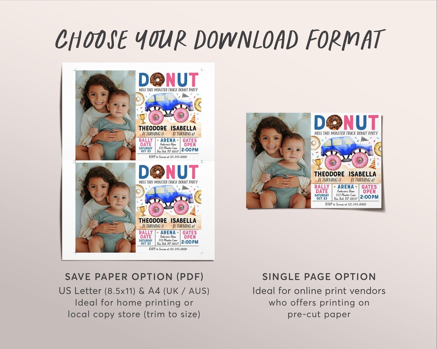 Monster Truck And Donuts Joint Siblings Birthday Invitation With Photo Editable Template, Boy Girl Twins Donut Truck Party Bash Invite Evite