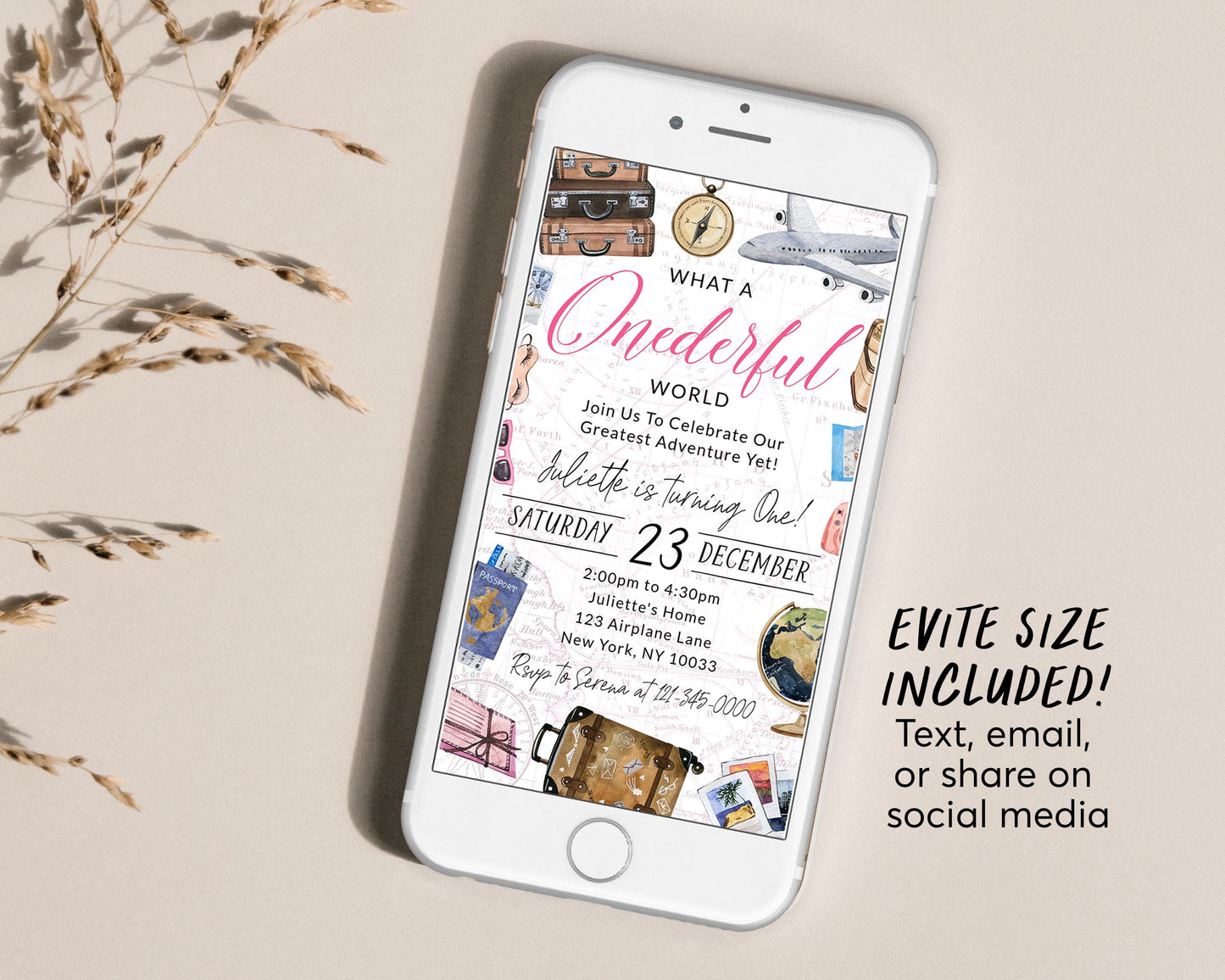 What A Onederful World First Birthday Invitation With Photo Editable Template, Girl Travel Around the World Party Invite, Vintage Map Evite