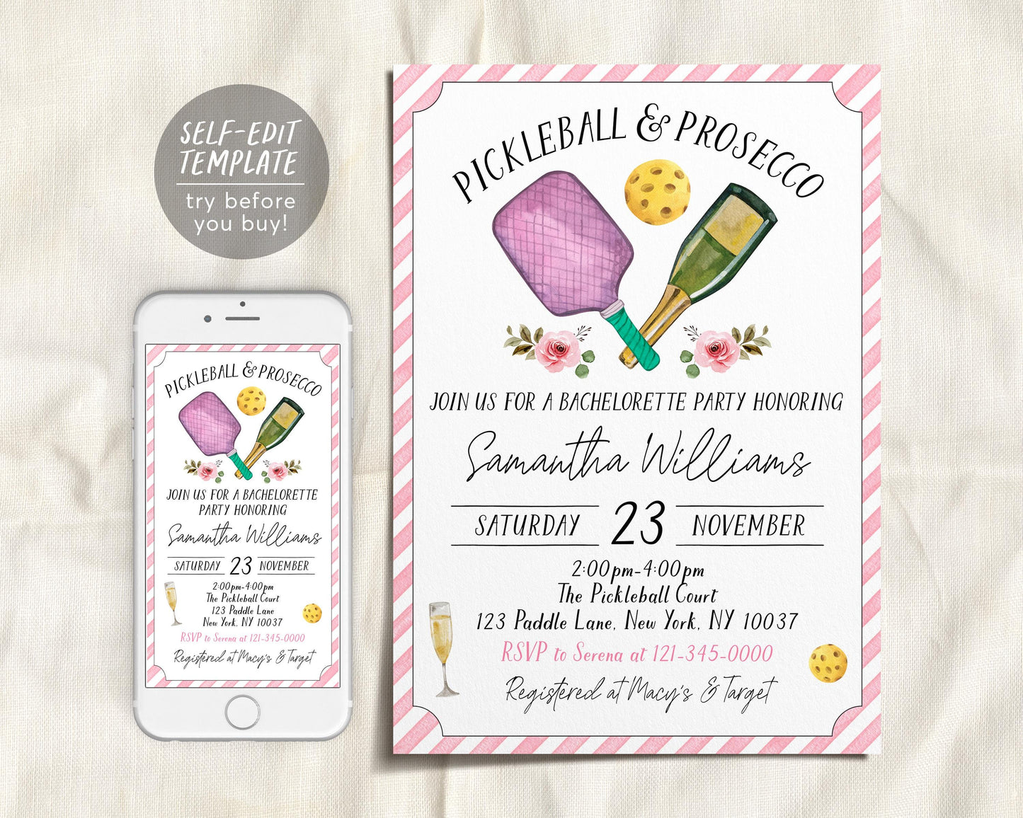 Pickleball and Prosecco Bachelorette Party Invitation Editable Template