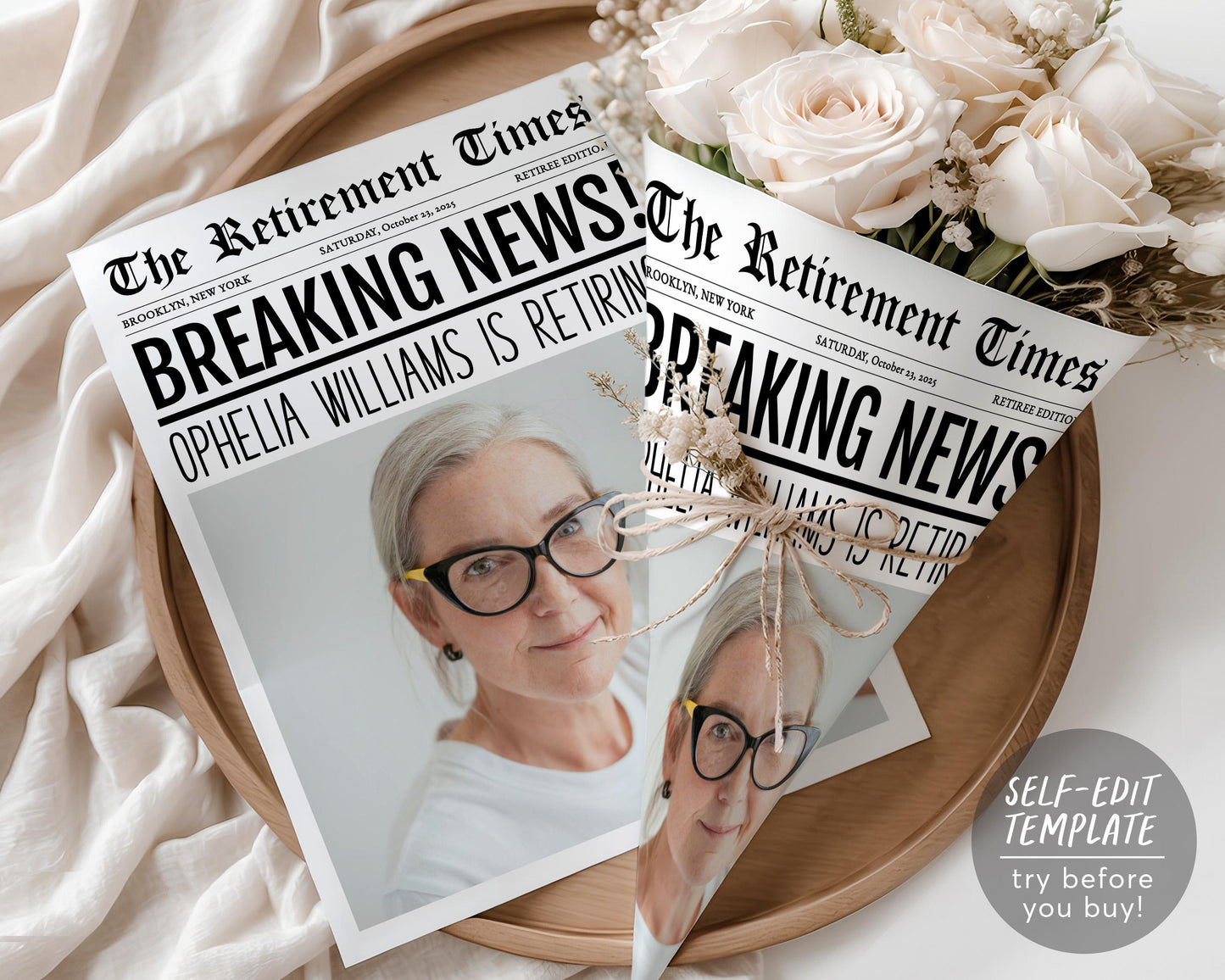 Retirement Newspaper Bouquet Wrap Editable Template