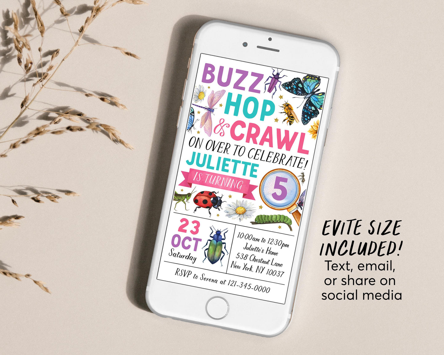 Insect Bugs Birthday Invitation With Photo Editable Template, Girl Buzz Hop Crawl Party Invite, Kids Bugging Out Butterfly Hunt Garden Evite