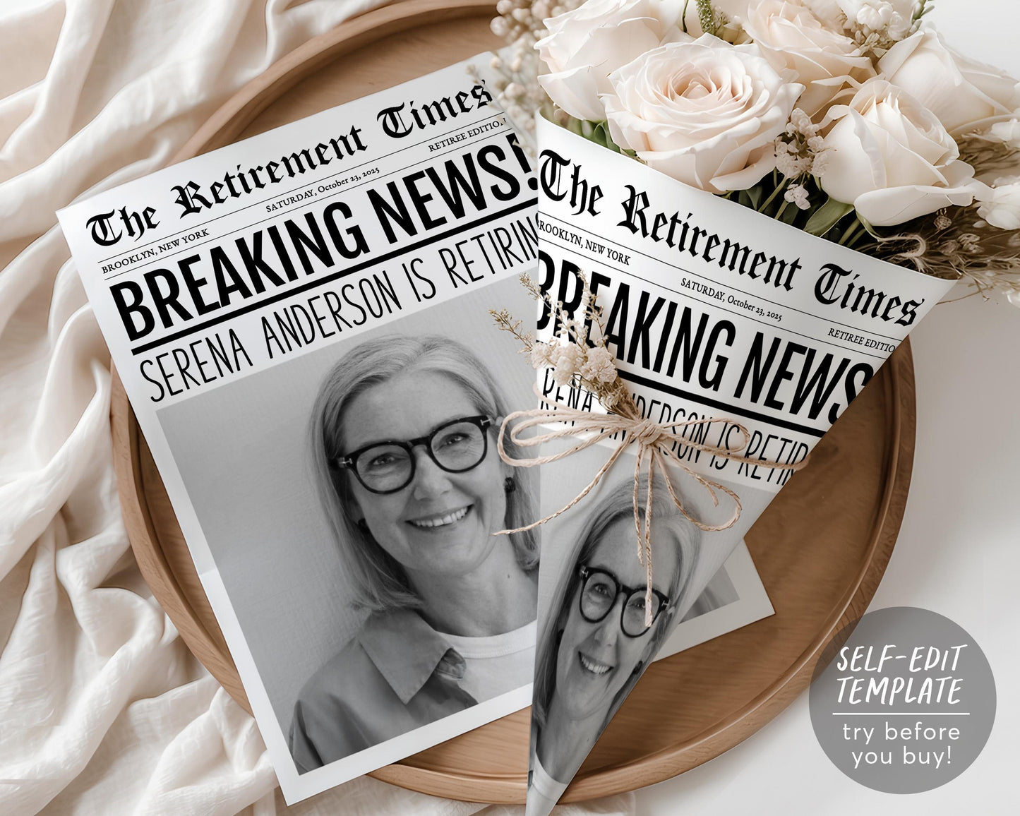 Retirement Newspaper Editable Template, Retirement Party Newspaper Bouquet Flower Wrap, Work Anniversary Card Poster Gift Retiree Printable
