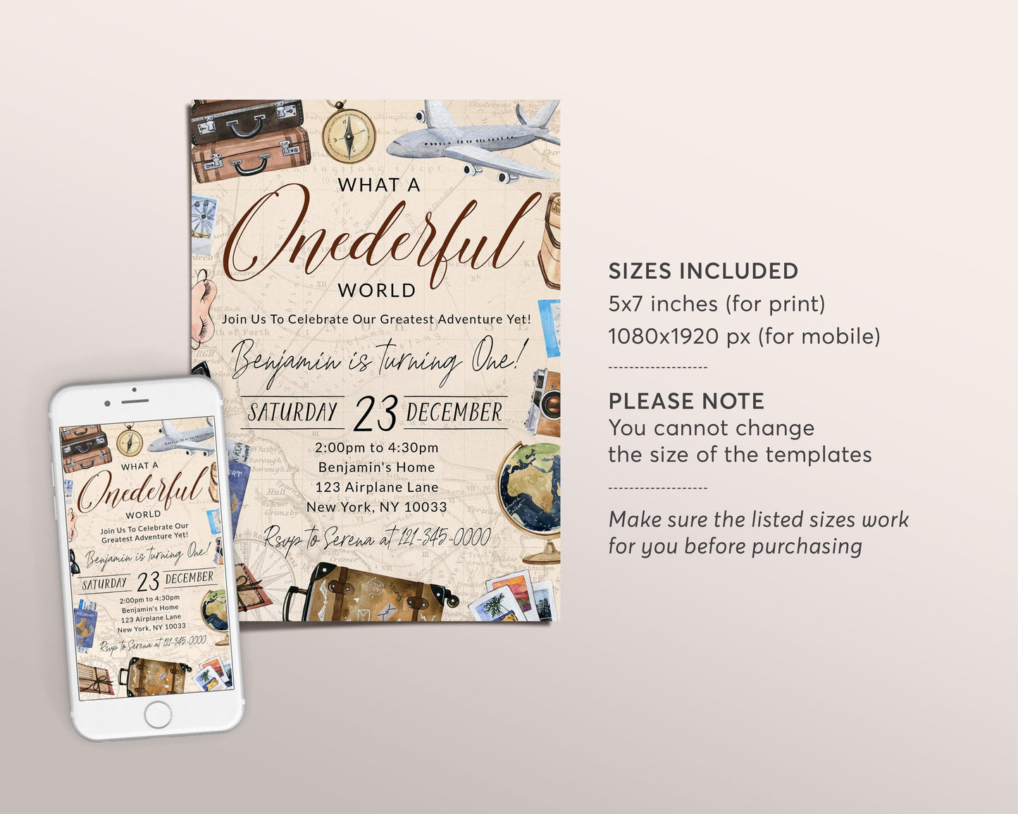 What A Onederful World First Birthday Invitation Editable Template, Travel Around the World Party Invite, Vintage World Map Plane Evite