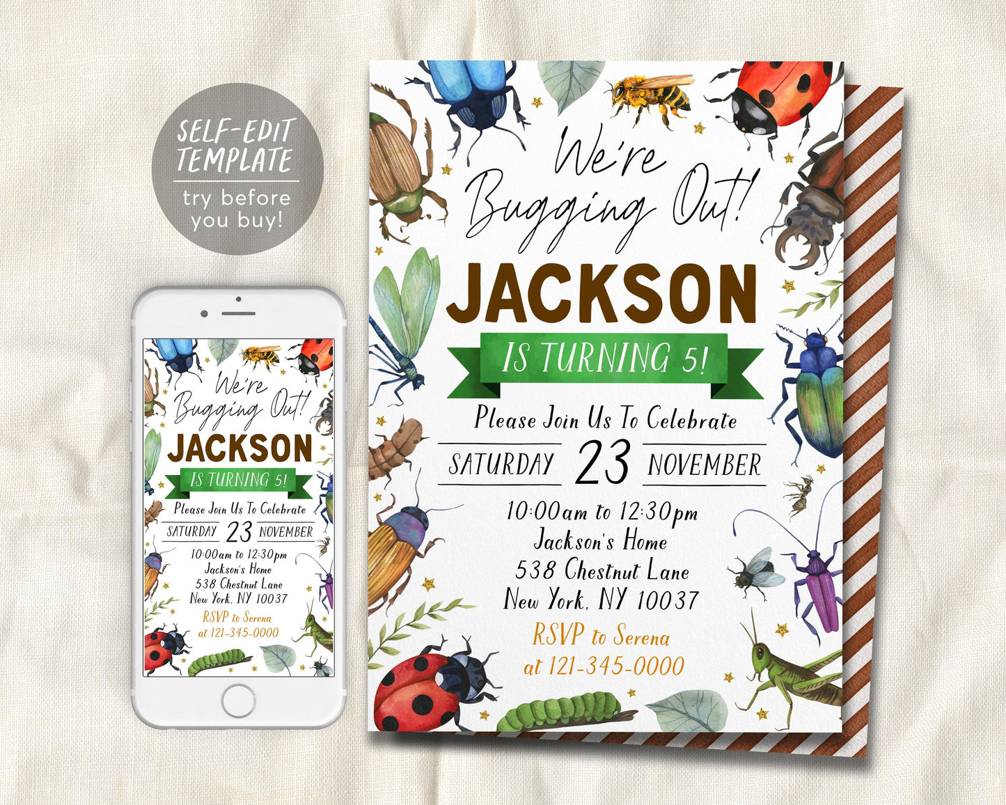 Insect Bugs Birthday Invitation Editable Template