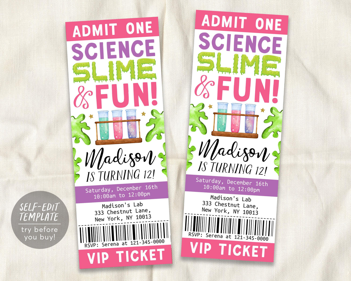 Science Slime Birthday Ticket Invitation Editable Template