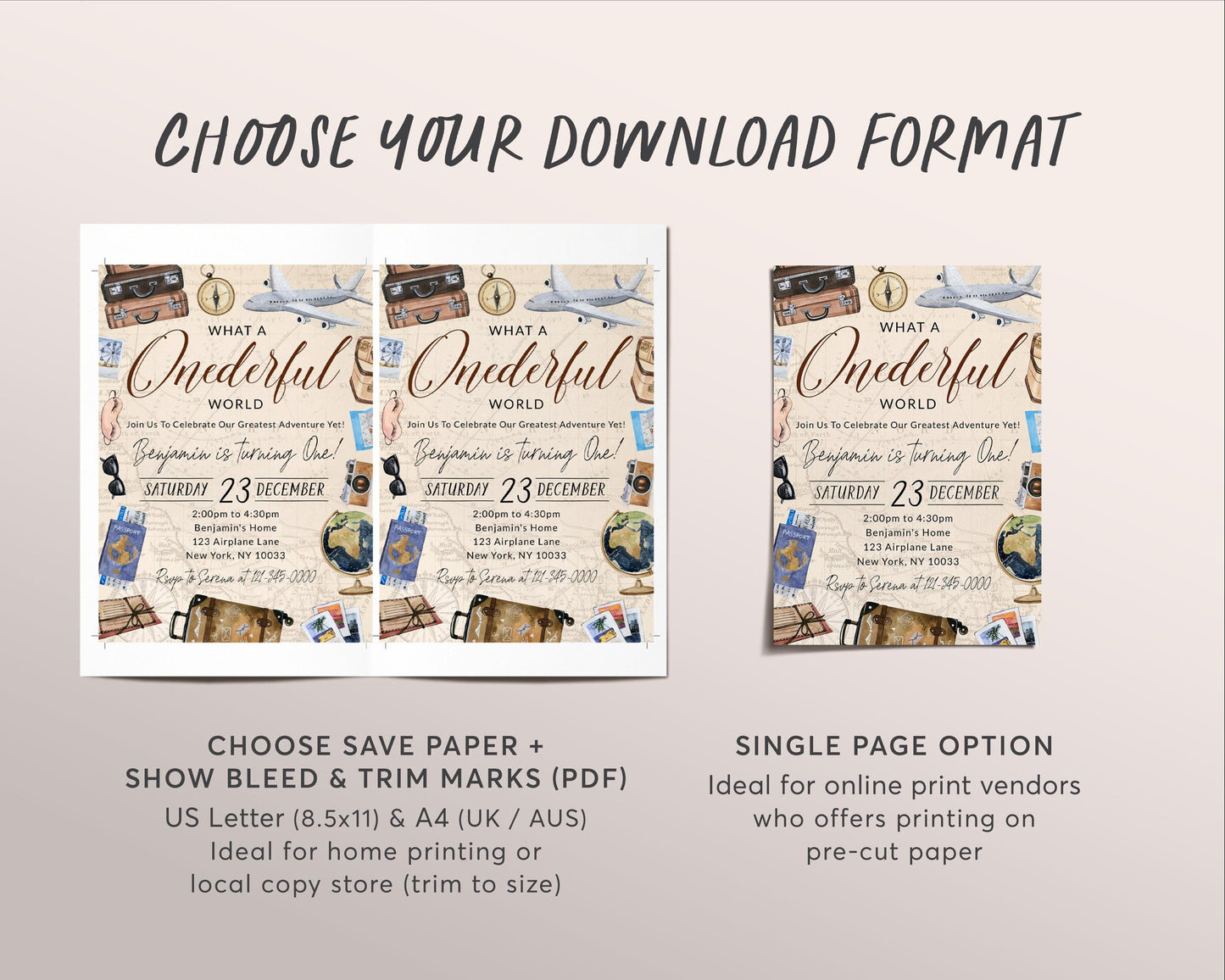 What A Onederful World First Birthday Invitation Editable Template, Travel Around the World Party Invite, Vintage World Map Plane Evite