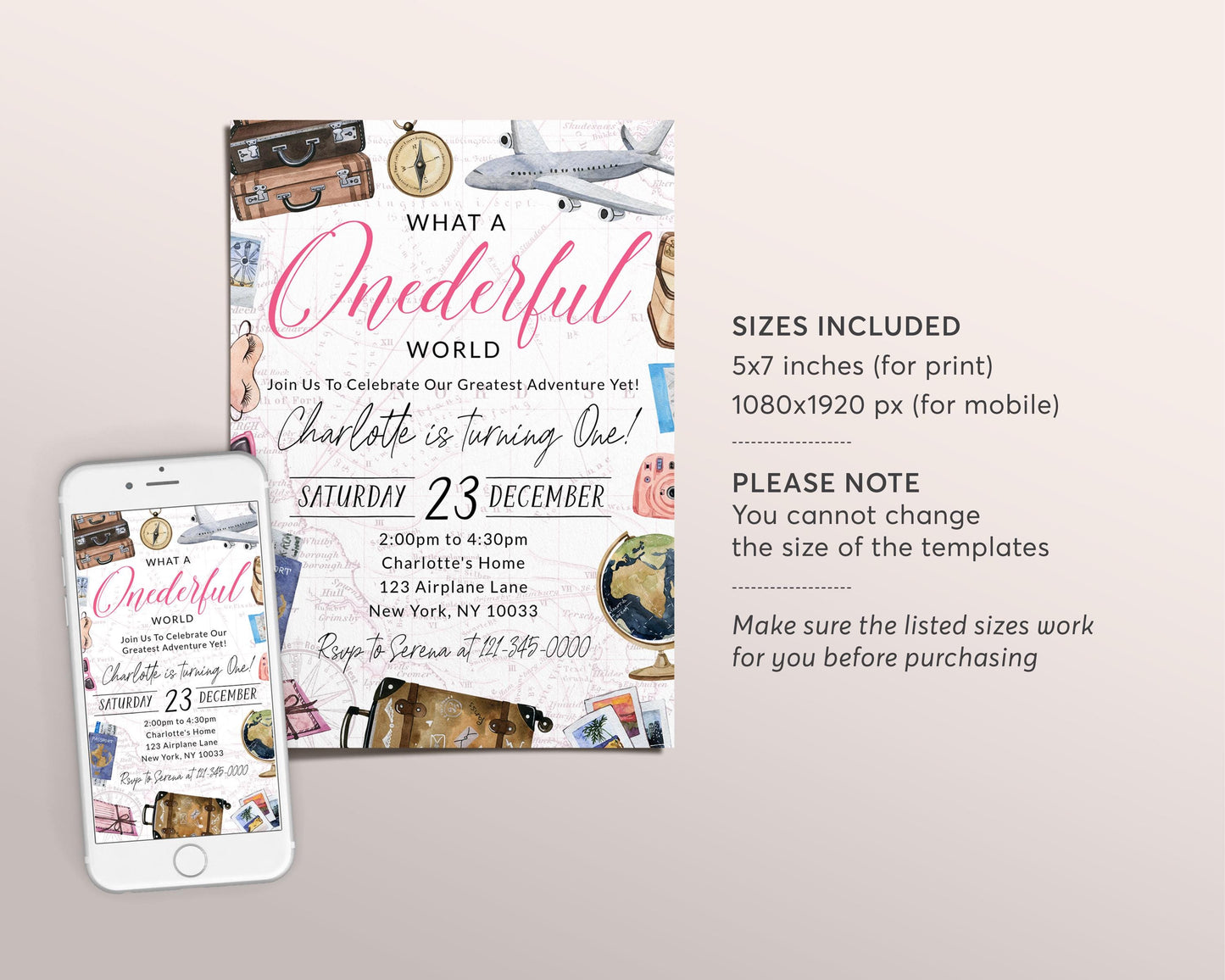 What A Onederful World First Birthday Invitation Editable Template, Girl Travel Around the World Party Invite, Vintage World Map Plane Evite