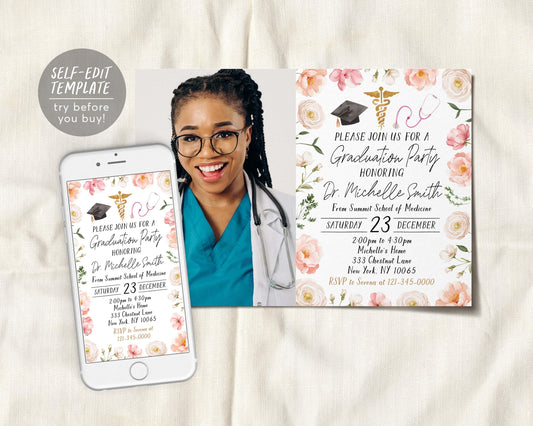 Doctor Graduation Invitation With Photo Editable Template