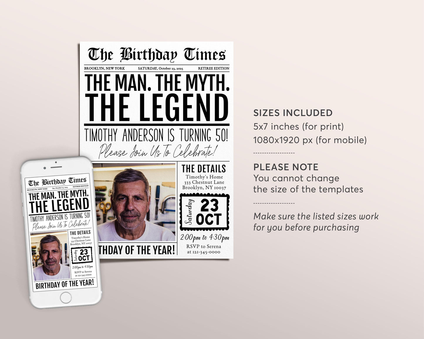 The Man The Myth The Legend Birthday Invitation Editable Template, Newspaper 30th 40th 50th Adult For Men Birthday Party Invite With Photo