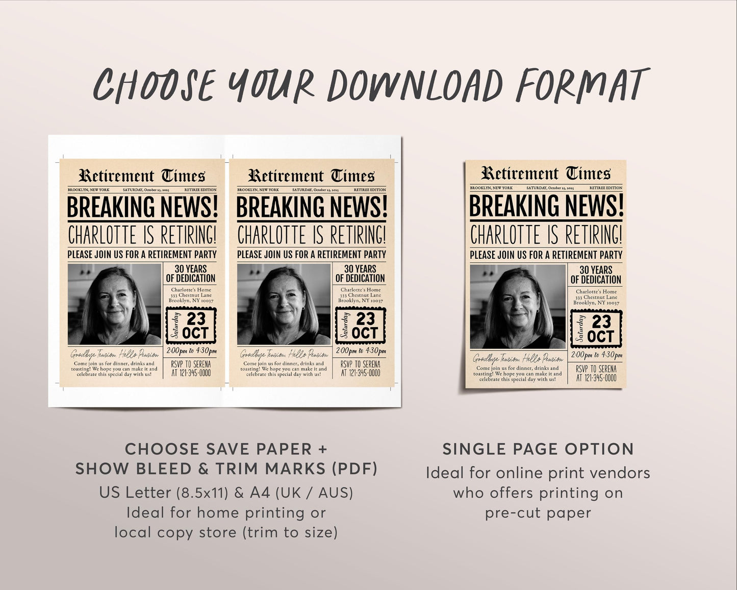 Retirement Newspaper Invitation Editable Template, Retirement Surprise Party Any Job Vintage Newspaper Invite, Retire Career Farewell Evite
