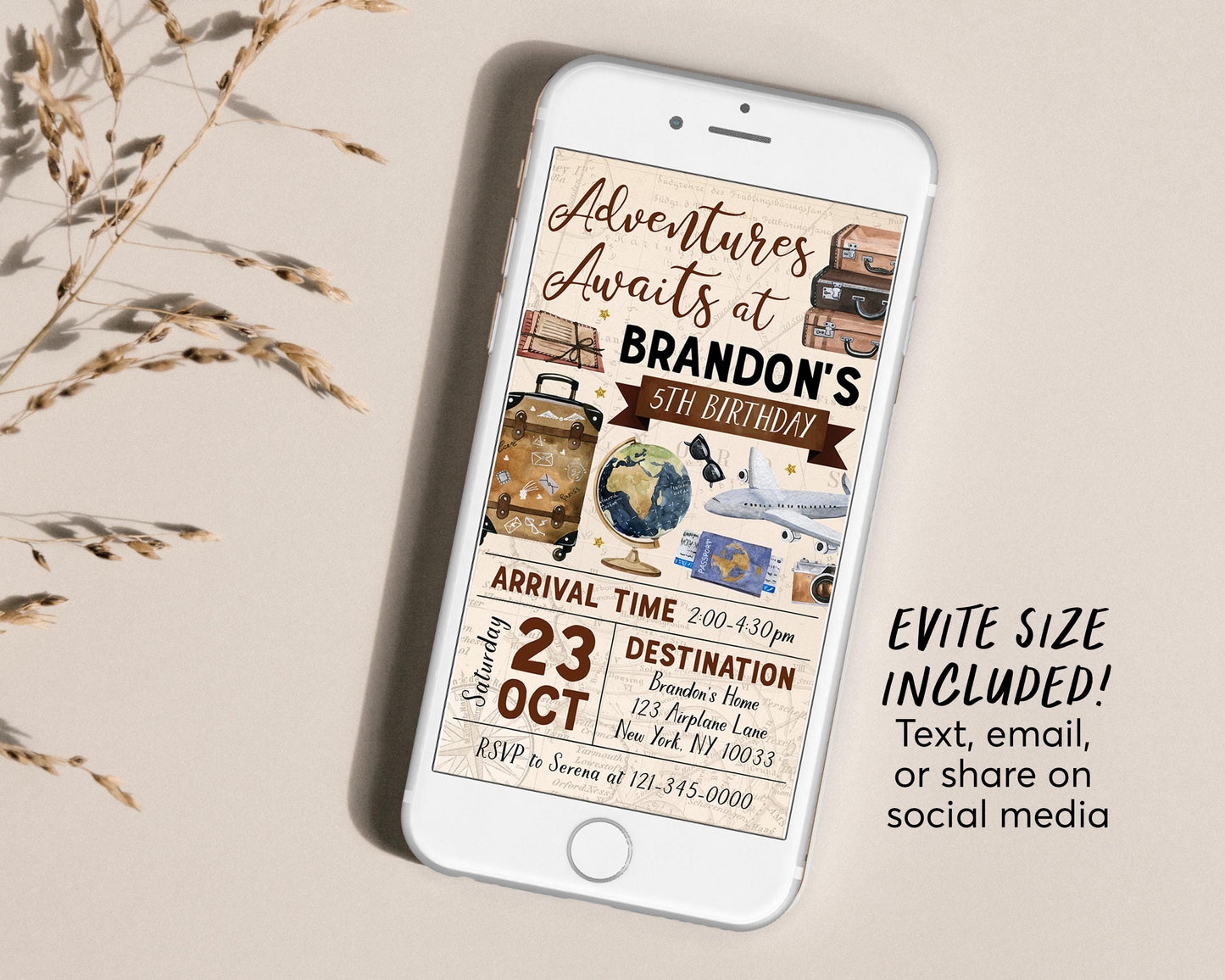 Adventure Awaits Travel Birthday Invitation Editable Template, Around the World Party Invite, Vintage Map Passport Plane Globe Luggage Evite