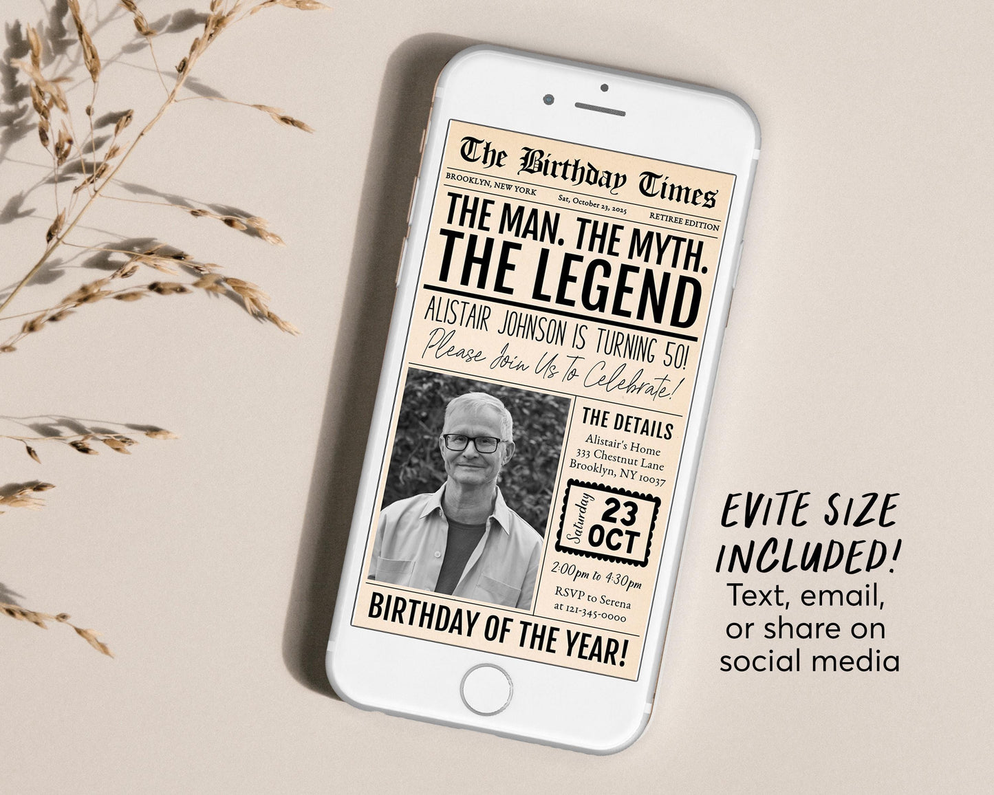 The Man The Myth The Legend Birthday Invitation Editable Template, Vintage Newspaper 30th 40th 50th Adult Birthday Party Invite With Photo