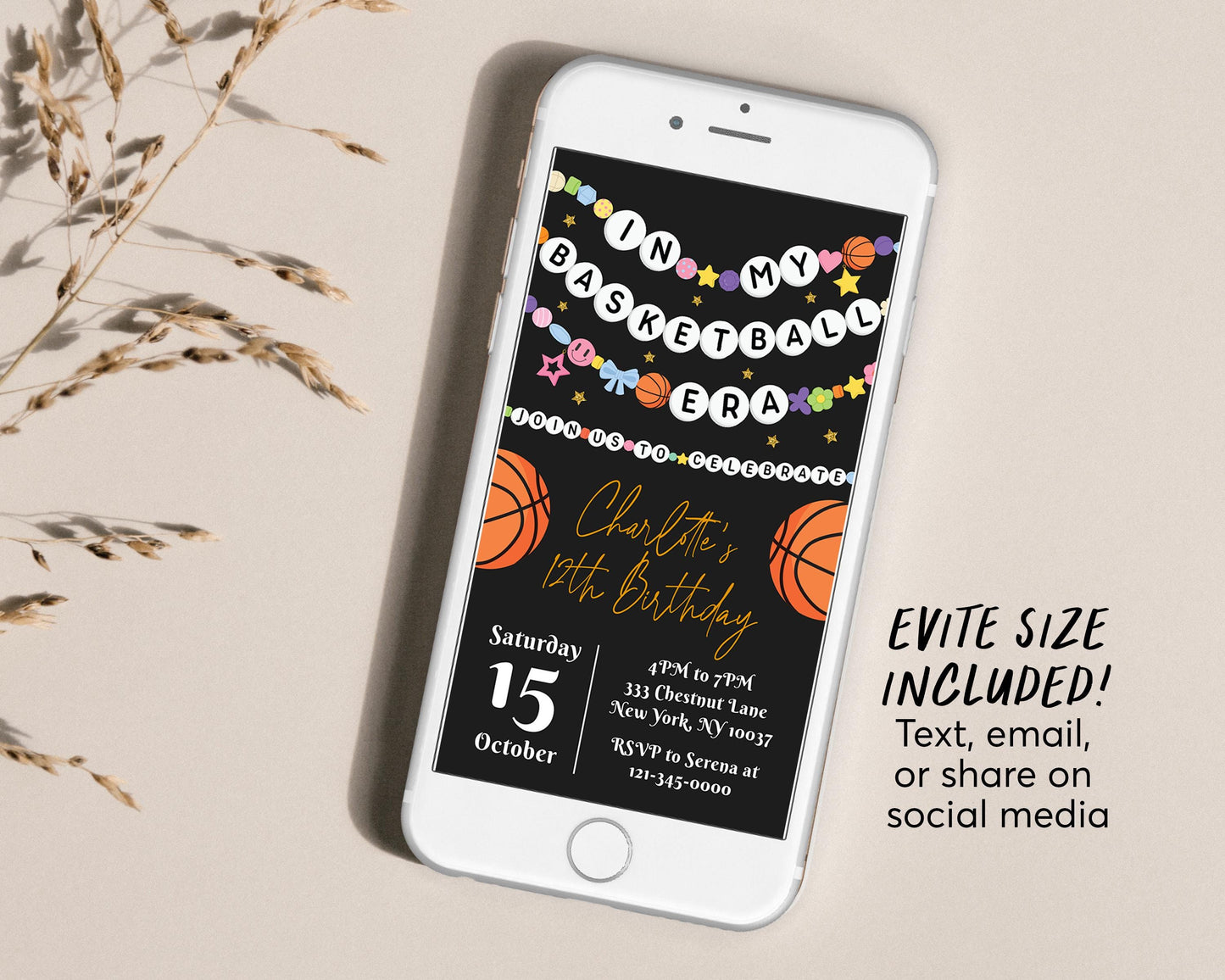In My Basketball Era Birthday Invitation Editable Template, Basketball Friendship Bracelet Party Invite, Slam Dunk Eras Black Gold Evite