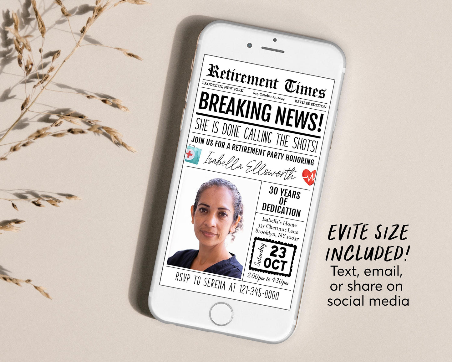 Nurse Retirement Invitation Editable Template, RN Retirement Party Newspaper Invite, Surprise Done Calling The Shots Doctor Retire Evite