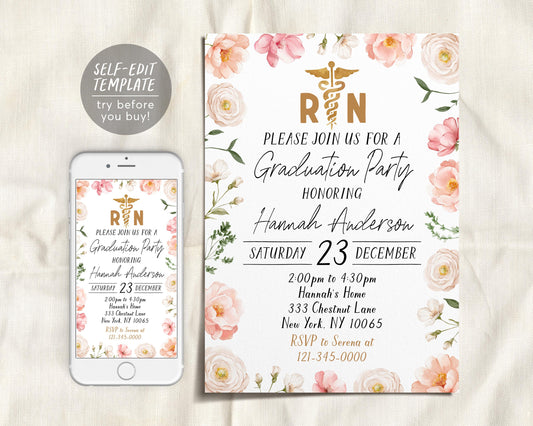 Nursing School Graduation Invitation Editable Template